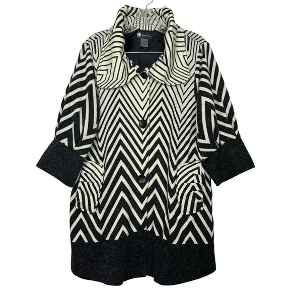 DAMEE Chevron Two Tone Soutache Jacket Button Front M Gored Flared Black Cream - Picture 1 of 8